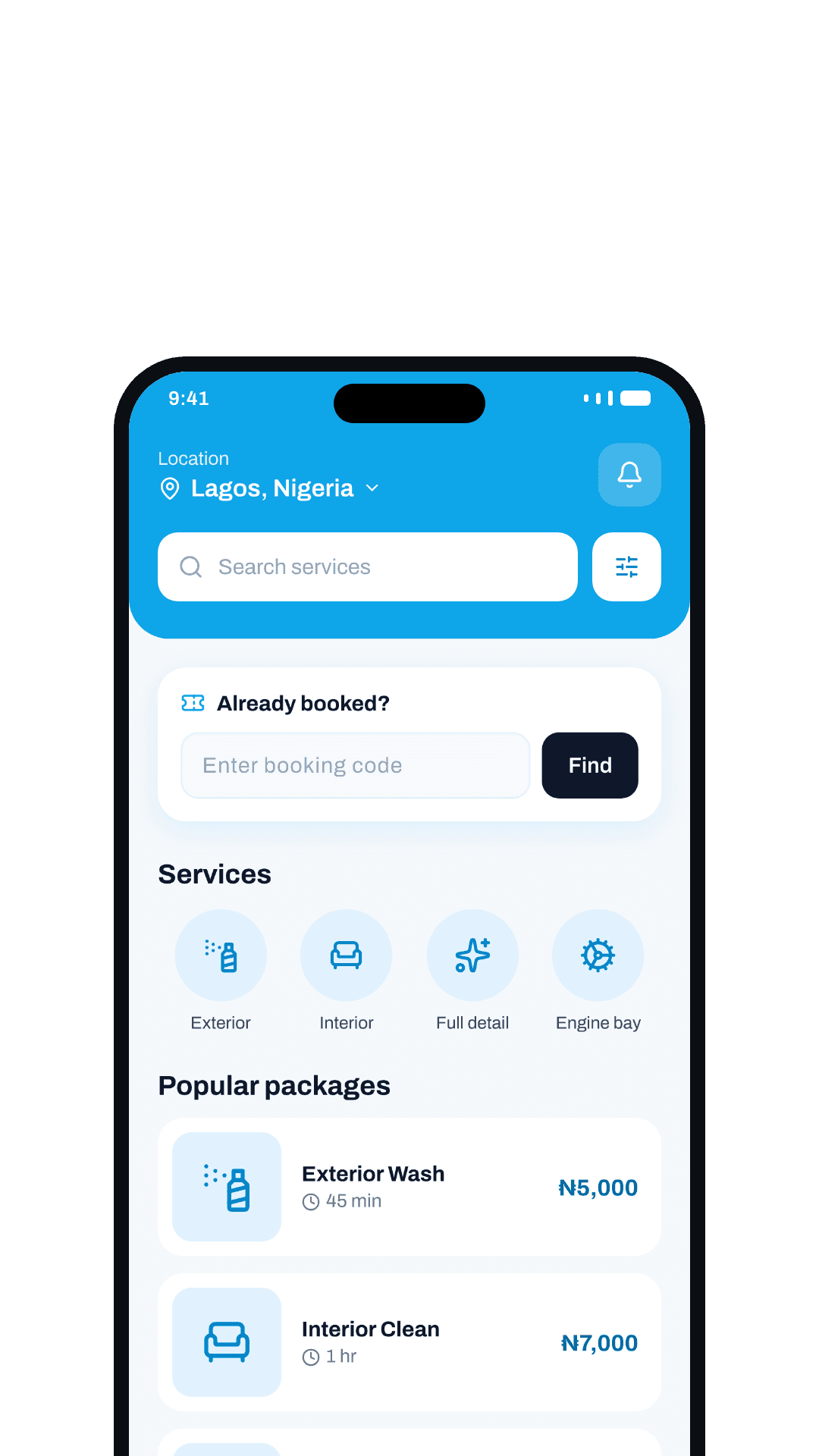 Skywash app home screen